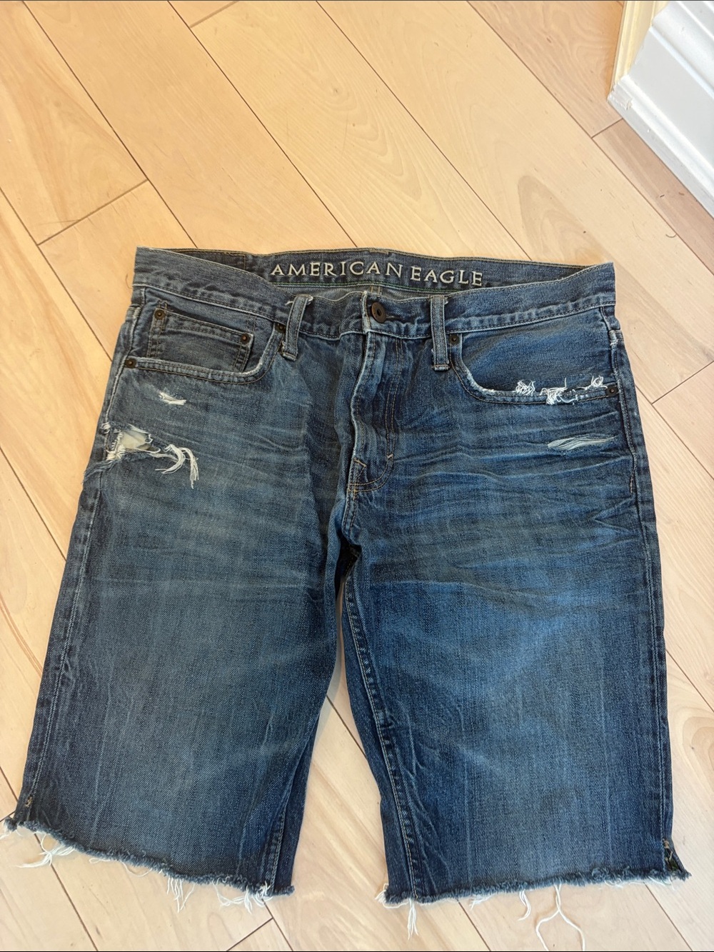 American Eagle Outfitters Men’s Dark Blue Distressed Denim Shorts